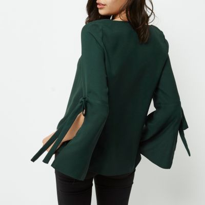 Dark green cross front split sleeve blouse